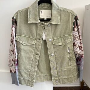 Pilcro Olive Green Denim Jacket with Patterned Knit Sleeves